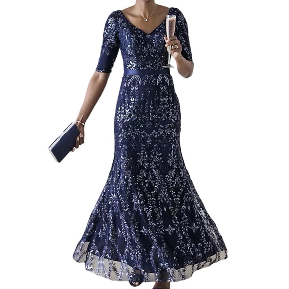 OLEG CASSINI Blue Beaded Sequin Lace Formal Dress Size 10 New With Tags - Picture 3 of 13